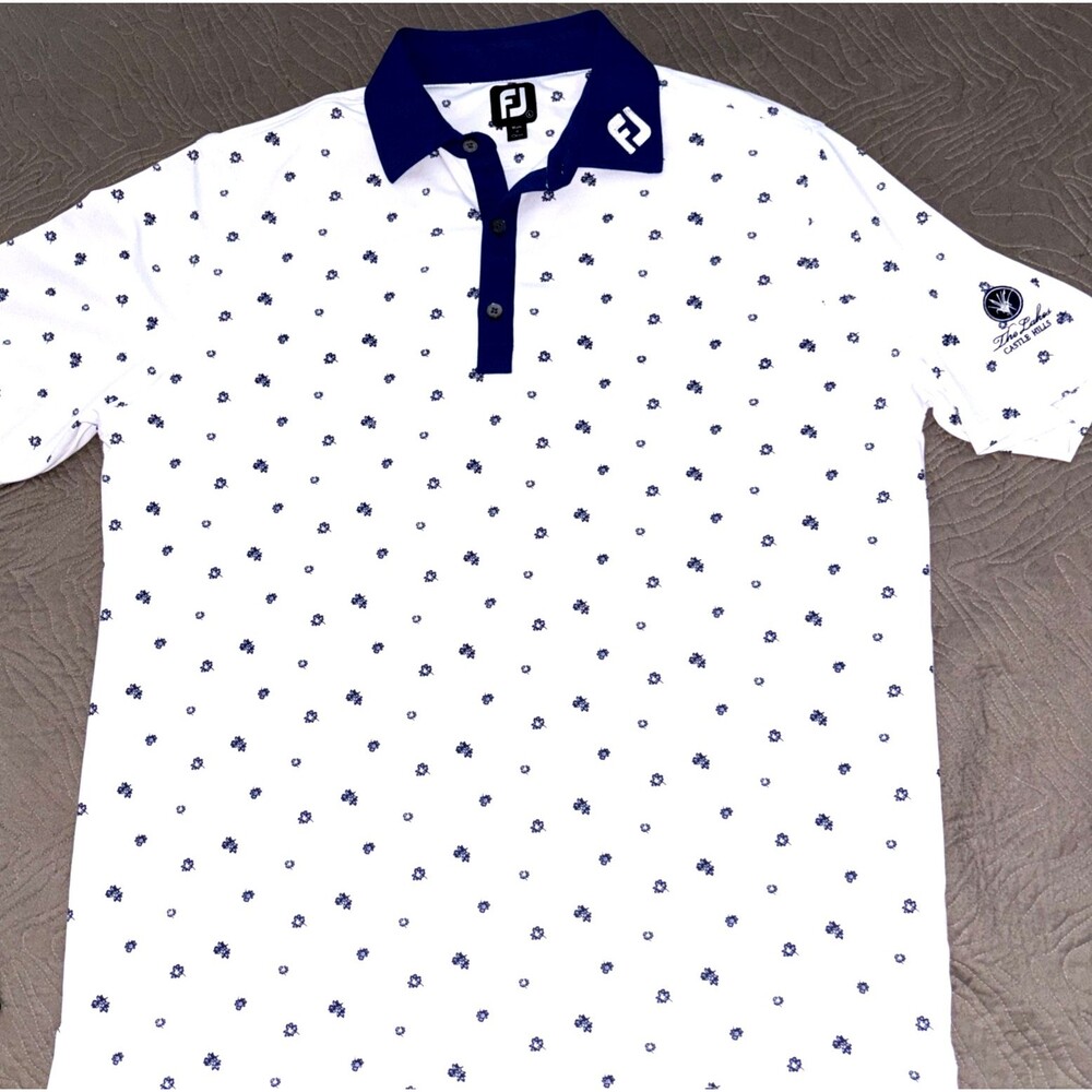 FootJoy Scattered Floral Stretch Pique Self Collar Golf Polo Country Club Logo
